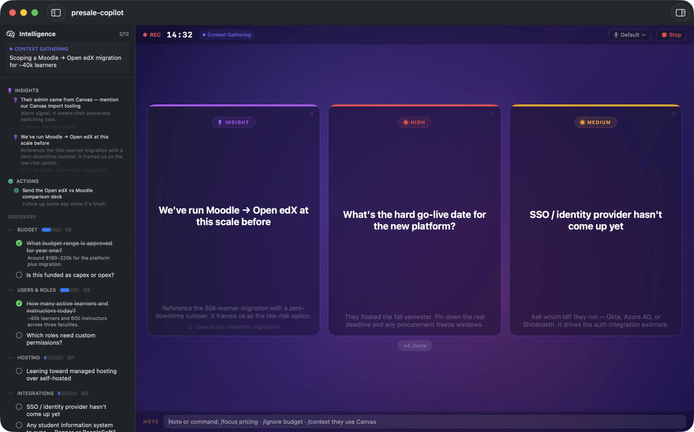 Presale Copilot live session: an Intelligence panel tracking the meeting phase and discovery checklist, three ranked suggestion cards, and a running timer.