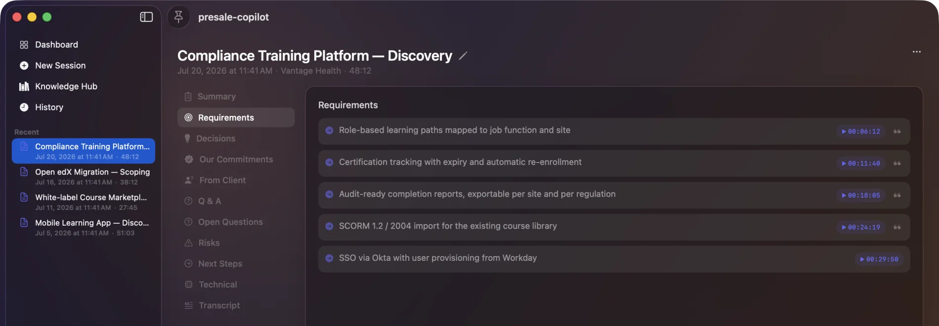 A generated discovery report showing the Requirements section, each requirement tagged with a timestamp that links back to the recording.